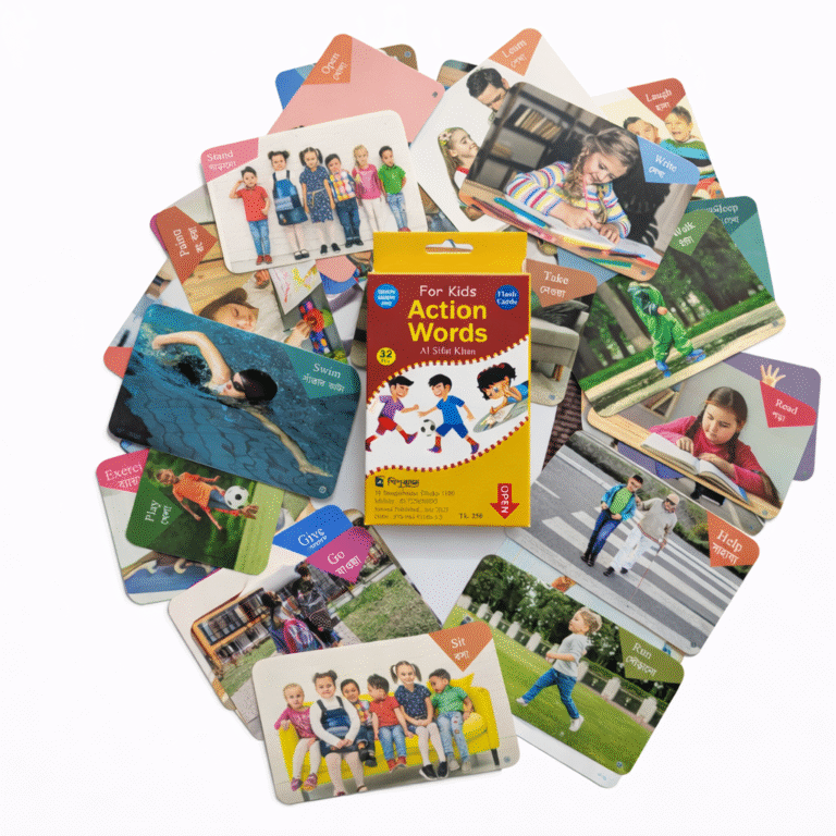 Action words flash cards for kids with English and Bangla words